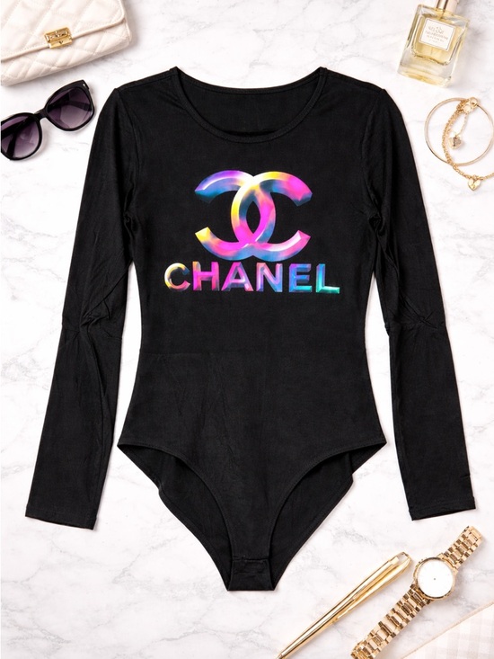 Handmade Tops - Black Long-Sleeve Bodysuit with Multicolor Logo